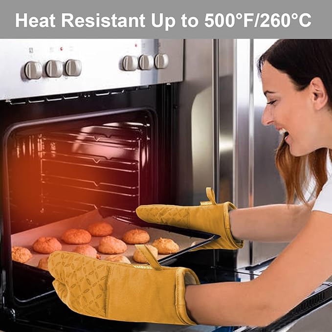KEGOUU Oven Mitts and Pot Holders 6pcs Set, Kitchen Oven Glove High Heat Resistant 500 Degree Extra Long Oven Mitts and Potholder with Non-Slip Silicone Surface for Cooking (Orange)