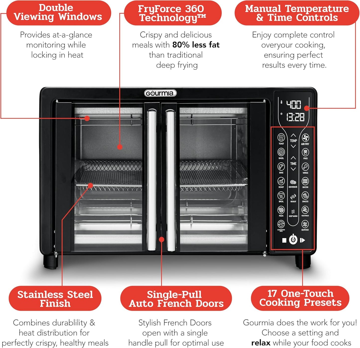 Gourmia Toaster Oven Air Fryer Combo 17 cooking presets 1700W french door digital air fryer oven 24L capacity accessories, convection rack, baking pan tray recipe book GTF7460,Large,Black