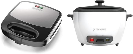 BLACK+DECKER 3-in-1 Waffle Iron WM2000SD, Grill & Sandwich Press Bundle with 6-Cup Rice Cooker