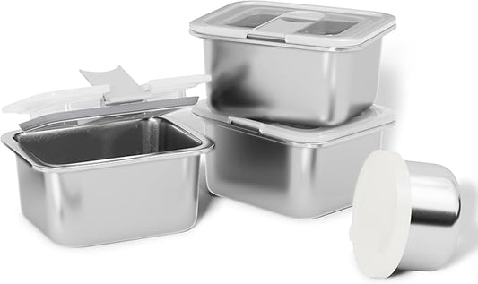 Bakpoco Stainless Steel Snack Lunch Containers for Kids, 3 Packs 12 oz Leak-Proof Lunch Box Containers, Microwave-Safe, Convenient Metal Small Food Storage Container with Lid for School, Work