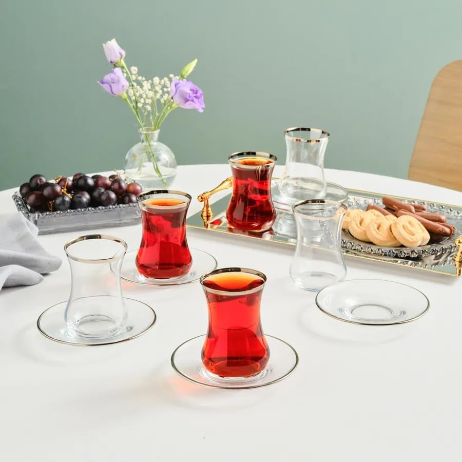 KARACA Sydney Elegant Tea Glass Set of 6 - (12 Piece) Clear Turkish Tea Cup Glasses and Saucers, 5.4 fl oz Curved Design Drinkware Cups, Dishwasher Safe, Platinum
