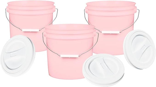 House Naturals 2 Gallon Pink Food Grade BPA Free Made in USA Bucket with Screw On White Lid - Pack of 3