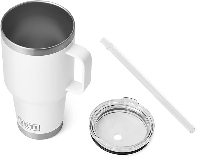 YETI Rambler 35 oz Tumbler with Handle and Straw Lid, Travel Mug Water Tumbler, Vacuum Insulated Cup with Handle, Stainless Steel, White