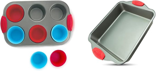Boxiki Kitchen Duo: Non-Stick Steel Jumbo 6-Cup Muffin Pan with Silicone Handles & Reusable Liners + Non-Stick Steel 8x8 Square Baking Pan.