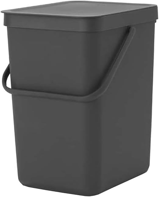 Brabantia Sort & Go Kitchen Recycling Bin | M / 6.6 Gal / 25L | Dark Gray | Removable Stay-Open Lid, Carry Handle | Trash Can for Bottles, Cans, Paper, Glass | Wall-Mounting Bracket Sold Separately
