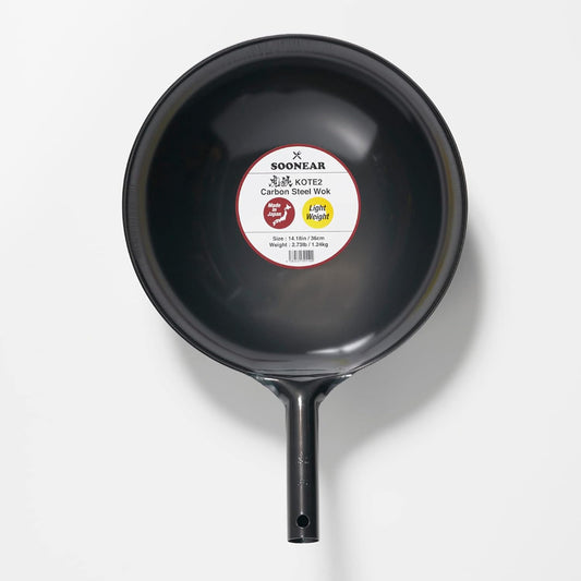 [Made in Japan] SOONEAR KOTE2 Light Weight Carbon Steel Wok 14 1/4" 2.73lb(30% less) Gas Fire Round Bottom Carbon Steel Handle No Rivets