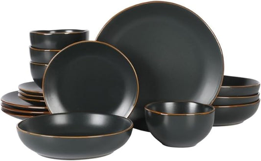 Gibson Home Hazeltine 16-Piece Black Stoneware Dinnerware Set – Plates and Bowls, Durable Ceramic Kitchen Dinner Set