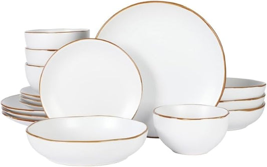 Gibson Home Hazeltine 16-Piece White Stoneware Dinnerware Set – Plates and Bowls, Durable Ceramic Kitchen Dinner Set
