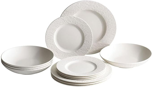 Villeroy & Boch Manufacture Rock Blanc 12-Piece Dinnerware Set, Service for 4, Dinner Plates, Salad Plates & Pasta Bowls, Premium Porcelain, Made in Germany, Matte White