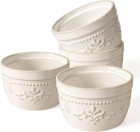 Artena Ramekins Oven Safe, Creme Brulee Ramekins, Embossed White Ceramic Ramiken, Souffle Pudding Custard Cups, Baking Dish, Dipping Bowls, Sauce Cups, Set Of 4 (Damask Floral, 4 oz)