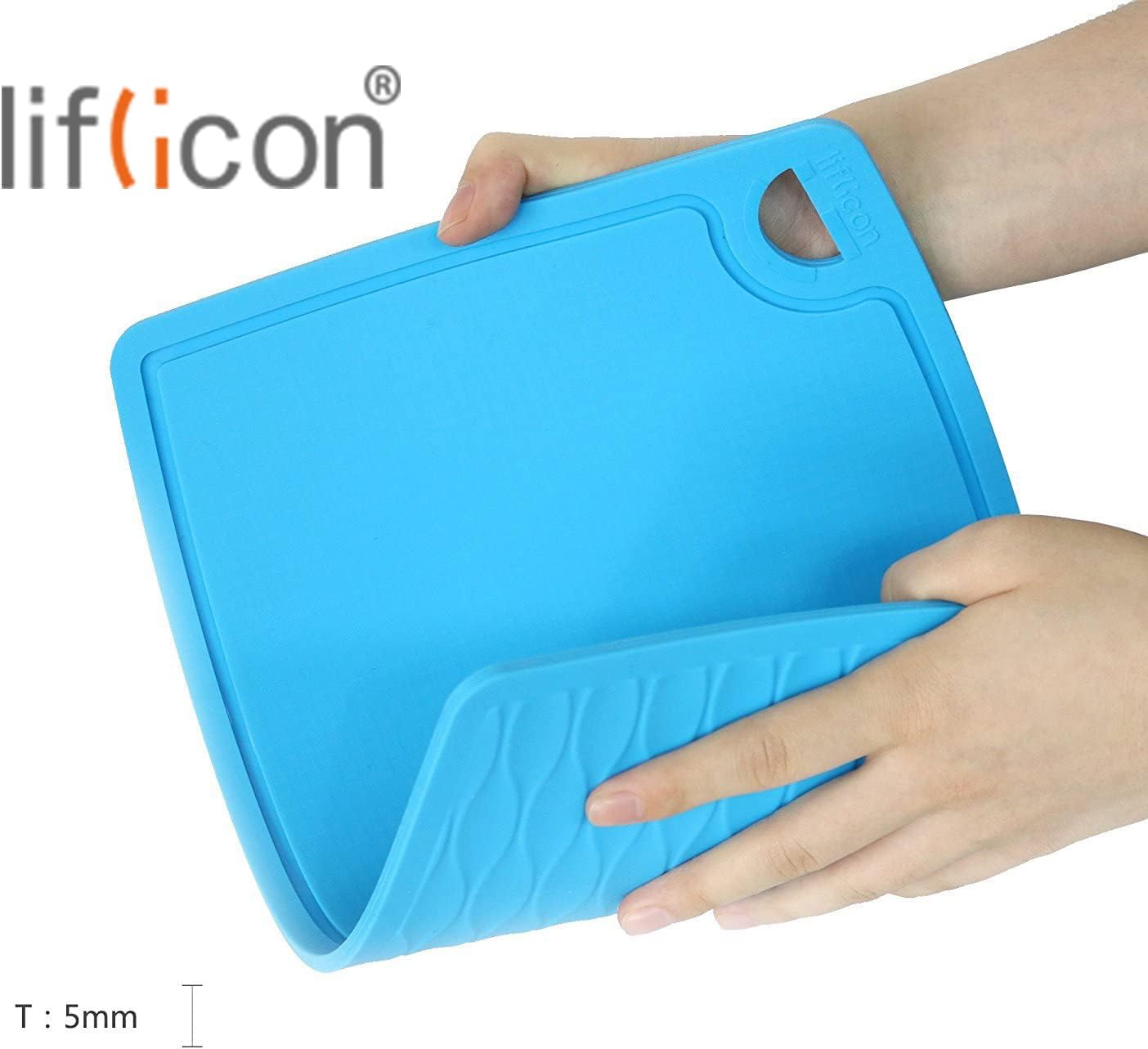 Thick Cutting Boards for Kitchen Silicone Chopping Board Set of 2 Mid 12.6'' x 9.1”,Mini 9.1”x7.1” Non-slip Deep Drip Juice Groove Easy Grip Handle,Dishwasher Safe-Blue