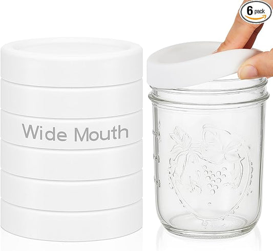 Teenyyou 6 Pcs Silicone Wide Mouth Lids Mason Jar Lids Thickened Leak Proof Lid for 86 mm All Wide Mouth Mason Jars, Reusable Large Canning Jar Caps (White)