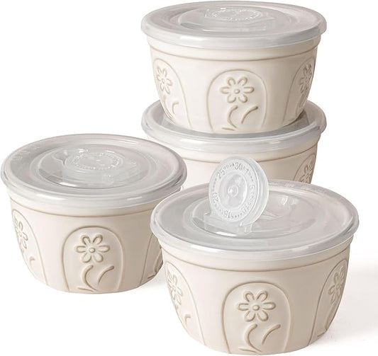 Artena Ramekins with Lids, Creme Brulee Ramekins Oven Safe, Ceramic Pudding Cups, Souffle Cups, Custard Cups, Dipping Sauce Cups, Food Storage Containers with Lids, Set of 4 (Pinwheel Flower, 4 oz)