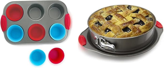 Boxiki Kitchen Duo: Non-Stick Steel Jumbo 6-Cup Muffin Pan with Silicone Handles & Reusable Liners + 10-inch Nonstick Springform Pan with Silicone Handles.