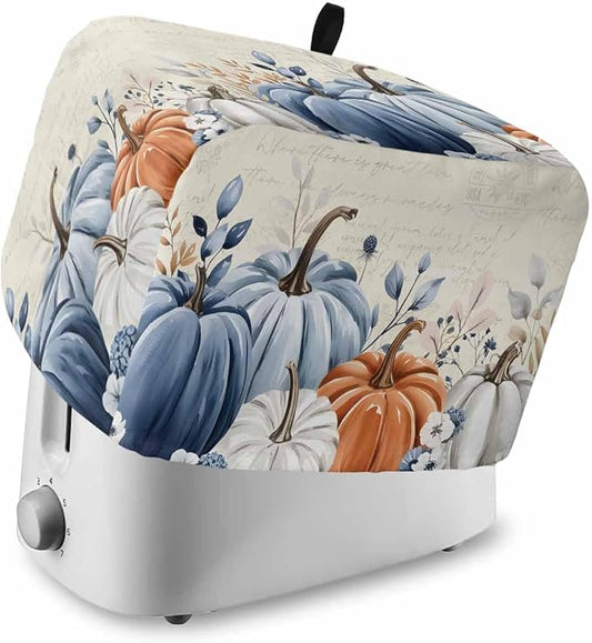 Blue Gray Pumpkin Fall Toaster Cover 2 Slice, Thanksgiving Botanical Dustproof Bakeware Oven Protector with Top Hook, Autumn Beige Waterproof Small Kitchen Appliance Toasters Dust Cover, 11"x6"x8"