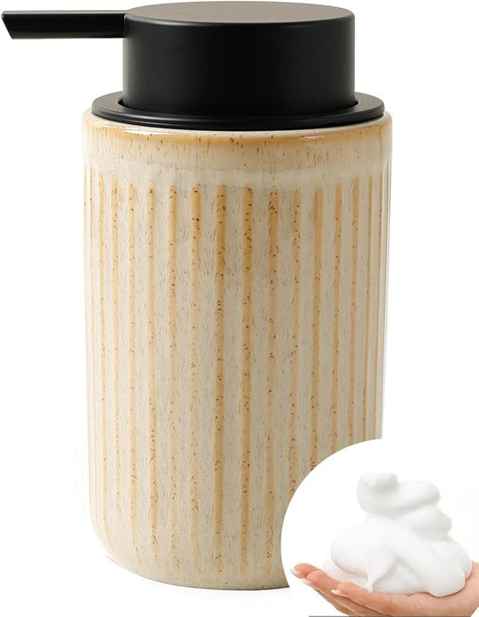 BosilunLife Foam Hand Soap Dispenser - Ceramic Foaming Soap Dispenser for Bathroom 12oz Refillable Liquid Lotion Soap Dispenser with Rust-Proof Foaming Pump for Countertop, Greige