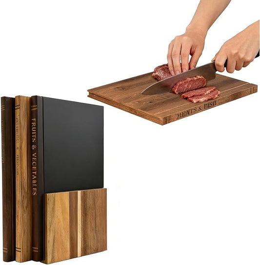 Bamboo Cutting Boards Set of 3 Book Chopping Board with Wood Storage Stand, 0.8in Serving Board Lightweight Butcher Block for Kitchen, Dishwasher safe