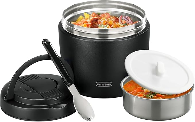 wiwens Thermo Food Jar for Hot Food Adults 32OZ Soup Thermo Lunch Containers Wide Mouth Vacuum Insulated Stainless Steel Leakproof Bento Box with Spoon (Black)