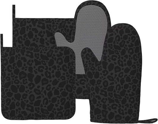 Black Leopard Oven Mitts and Pot Holders Sets Silicone Leopard Print Kitchen Oven Mitts Hot Pads Heat Resistant Cheetah Print Potholders Kitchen Mitts Set for Baking BBQ Cooking