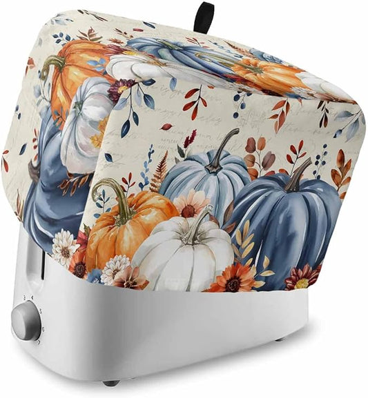 Blue White Pumpkins Fall Toaster Cover 4 Slice, Thanksgiving Leaves Dustproof Bakeware Oven Protector with Top Hook, Autumn Beige Waterproof Small Kitchen Appliance Toasters Dust Cover, 12"x11"x8"