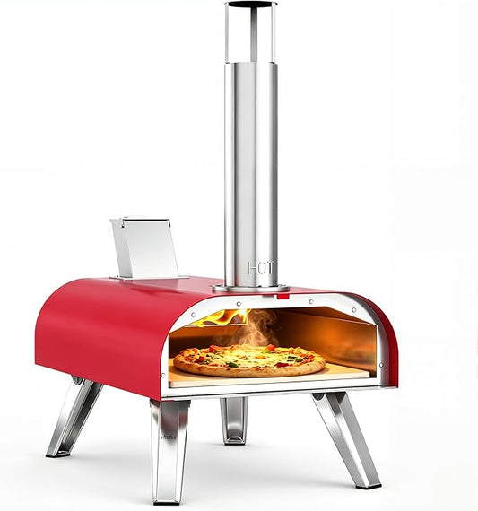 BIG HORN 12" Multi-Fuel Outdoor Pizza Oven – 3-in-1 Wood-Fired, Gas & Electric Compatible (Burners Sold Separately), Pellet Pizza Oven Portable Pizza Maker for Backyard, Camping & Tailgating, Red