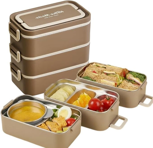 Bento Box Adult Lunch Box, Stackable 3-Layer 304 Stainless Steel for Adults, Office, 3L Capacity, Portable, Soup Bowl, Spoon & Fork, Metal Lunch Box, Tiffin (Brown)