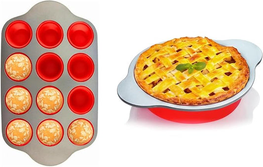 Boxiki Kitchen Combo: Non-Stick 12 Cup Silicone Muffin Pan & 9 Inch Round Cake Pan with Steel Frame - Perfect for Baking Muffins, Cupcakes, and Cakes