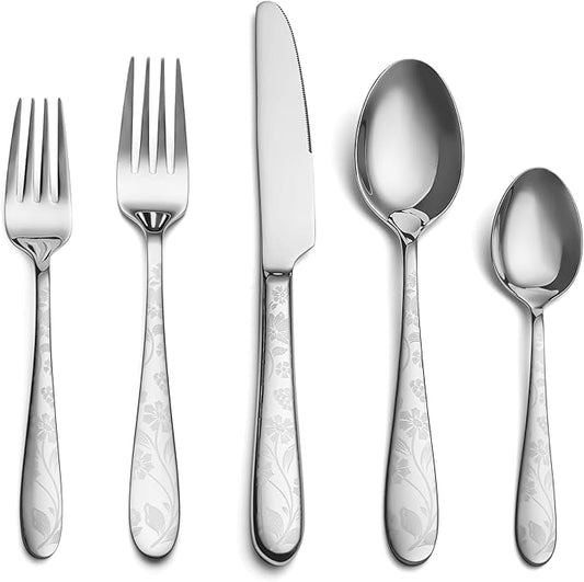 40 Piece Silverware Set Service for 8, EIUBUIE Premium Stainless Steel Cutlery Set, Mirror Polished Flatware Sets with Pattern Handle, Modern Kitchen Eating Utensils Sets Include Spoons Forks Knives