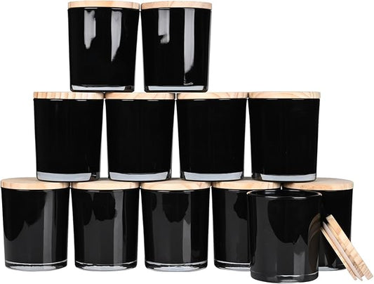 Thick Candle Jars for Making Candles 12 Pcs, 7 OZ Empty Jars with Wood Lids for Candle Making, Sample Container, Black