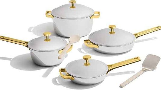 Our Place Titanium Pro Cookware Set | 10-Piece Pots and Pans Set with Always Pan Pro, Perfect Pot Pro & Minis | Non-Toxic No-Coating Nonstick | Induction & Oven-Safe up to 750°F | Gold