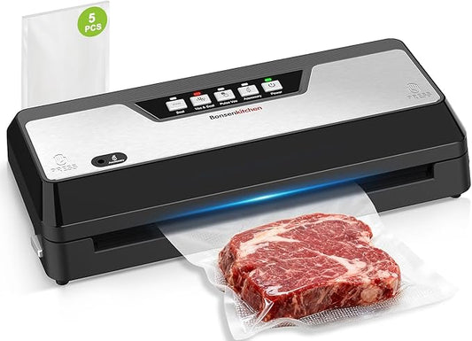 Bonsenkitchen Vacuum Sealer Machine with Built-in Cutter and Bag Storage for Sous Vide and Meal Prep | Compact Food Sealer with Multiple Modes | 1 Roll Bag & 5 Pre-Cut Bags, Black-Stainless Steel