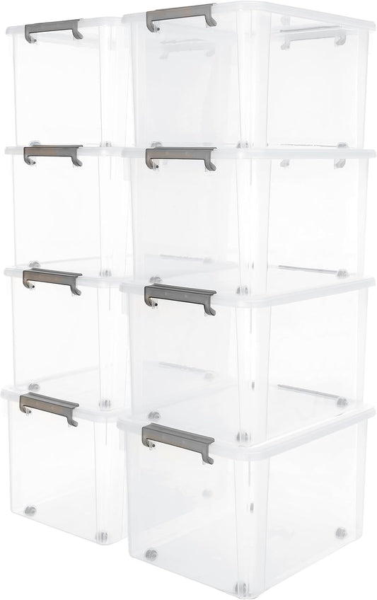 Citylife 58.1 QT Plastic Storage Bins with Latching Lids Stackable Storage Containers for Organizing Large Clear Storage Box for Garage, Closet, Kitchen, 8 Packs