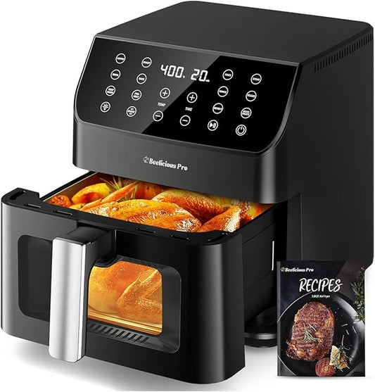 Beelicious 5.8QT Large Air Fryer, 12-in-1 Digital Airfryer with View Window Air Fryers, 40+ Recipes, Flavor-Lock Tech, Dishwasher Safe,Shake Reminder, Compact, Quiet, Nonstick. Black