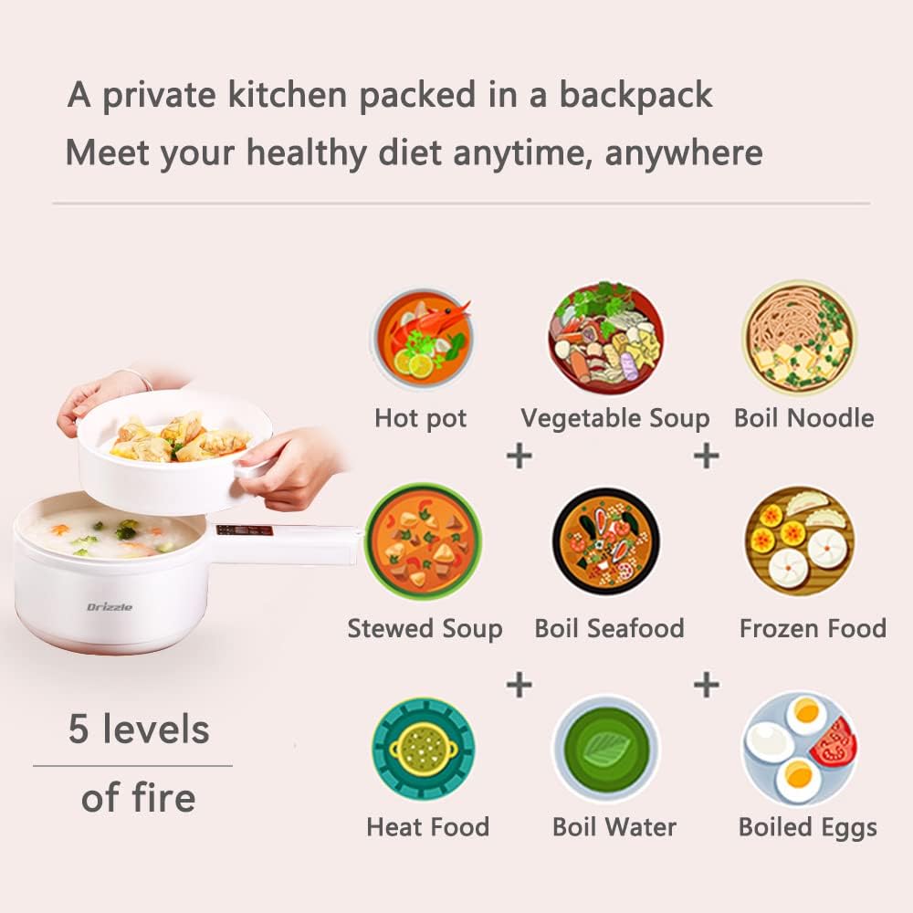 Drizzle Electric Hot Pot Cooker Steamer 1.8L Multifunctional Nonstick Pan Dormitory Office Portable Ramen Cooker Steamer Boil Dry Protection Suitable For Noodles Steak Cooker Eggs StirFrying