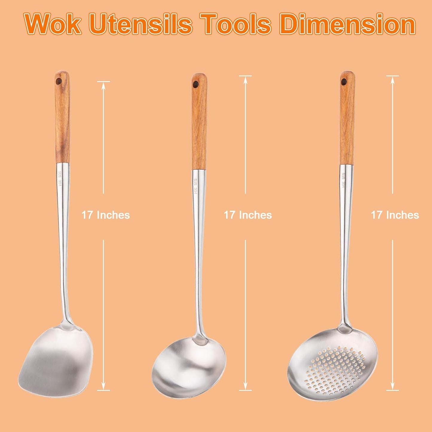 FJNATINH Wok Spatula and Ladle,Skimmer Ladle Tool Set, 17inches Spatula for Wok, 304 Stainless Steel Cooking Utensils