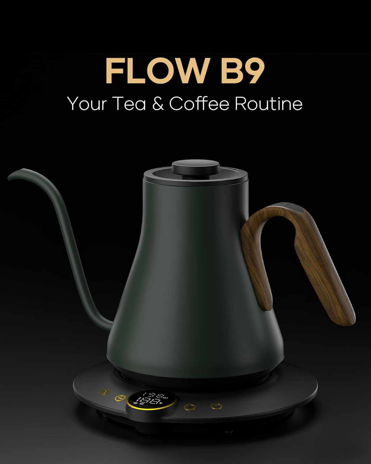 Cocinare FLOW B9 Gooseneck Electric Kettle, Precise Temperature Control for Pour-Over Coffee & Tea Brewing, Stainless Steel Interior, Rapid Heating for Boiling Water 1500W/0.9L (Green Wooden)