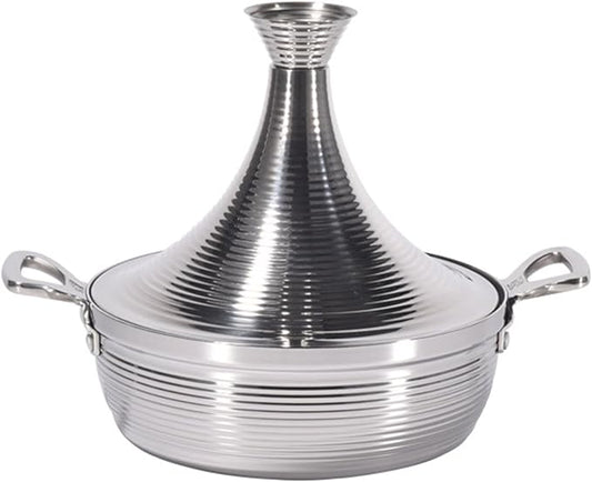 Moroccan Tagine Cooking Pot,Stainless Steel Non Stick Moroccan Casserole with 2 Handles,Large Moroccan Cooker Handmade Tagine Pot with Cone-Shaped Lid(23cm, Silver)