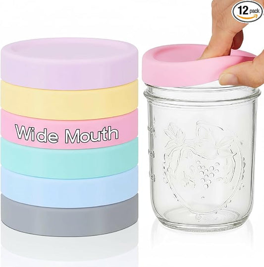 Teenyyou 12 Pcs Silicone Wide Mouth Lids Mason Jar Lids Thickened Leak Proof Lid for 86 mm All Wide Mouth Mason Jars, Reusable Large Canning Jar Caps(Macaron)