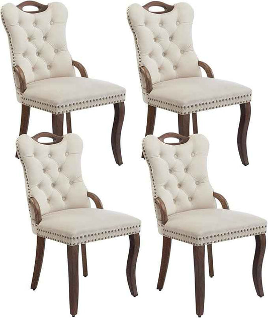 Beige Velvet Dining Chairs Set of 4，Modern Upholstered Dining Room Chairs with Tufted Back and Wood Accents, Curved Solid Wood Legs & Nailhead Trim, Sillas De Comedor Modernas 4