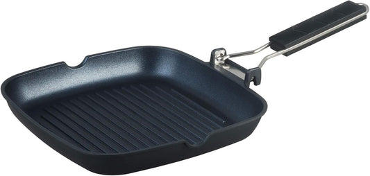 SKITCHN Grill Pan With Folding Handle, Nonstick for Stove Tops, Induction Compatible KBBQ With Pour Spouts, Indoor Square BBQ Grilling - 9IN