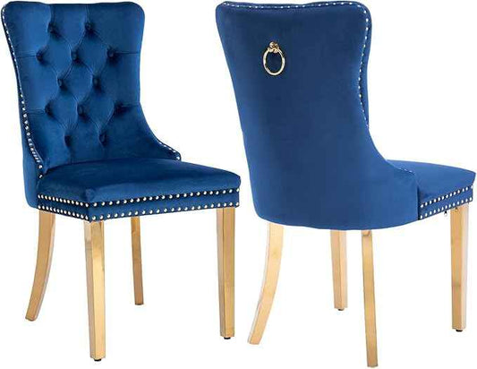 Blue Velvet Dining Chairs Set of 2, Kitchen Chairs Set of 2, Tufted Upholstered Dining Room Chair, Back Ring Pull Trim, Golden Stainless Steel Legs, Blue