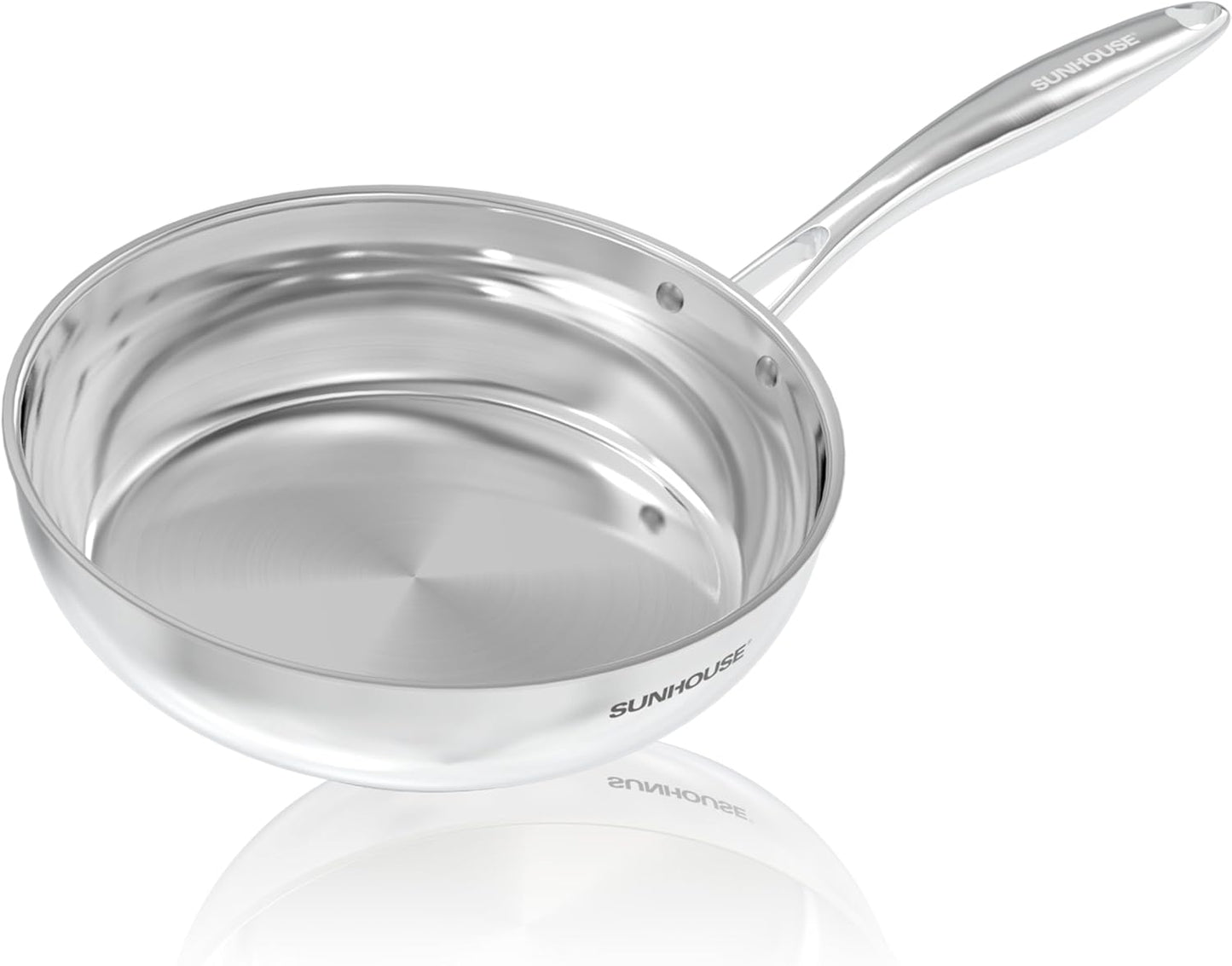 Sunhouse 9.5 Inch 18/10 Chef Series Stainless Steel Frying Pan, Tri-Ply Stainless Steel Construction, PFOA-FREE, Stay-Cool Handle, Induction Compatible