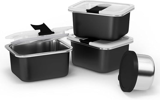Bakpoco Stainless Steel Snack Lunch Containers for Kids, 3 Packs 12 oz Leak-Proof Lunch Box Containers, Microwave-Safe, Convenient Metal Small Food Storage Container with Lid for School, Work