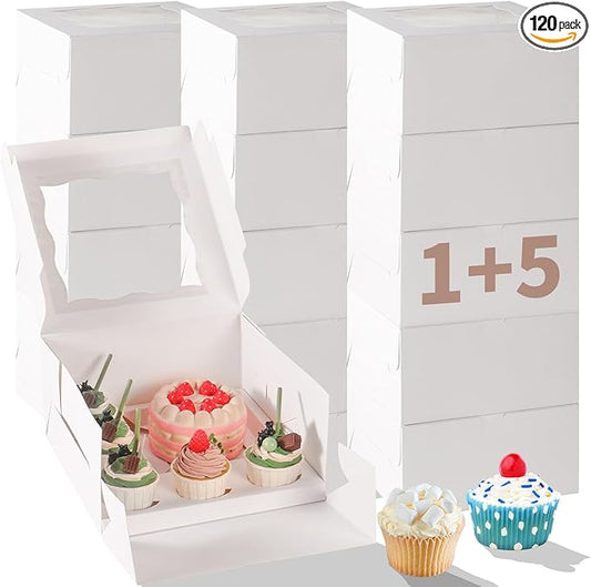 Bento Cake Box With Cupcakes, Clear Window 6 Holes Bento Combination,12 Sets: Cookie Boxes Fit 5 Regular Cupcake and Mini Cakes, Christmas Wedding Birthday Party (White/clear, 1+5/12pcs)
