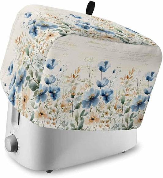 Blue Flowers Rustic Toaster Cover 2 Slice, Spring Vintage Botanical Dustproof Bakeware Oven Protector with Top Hook, Floral Beige Waterproof Small Kitchen Appliance Toasters Dust Cover, 11"x6"x8"