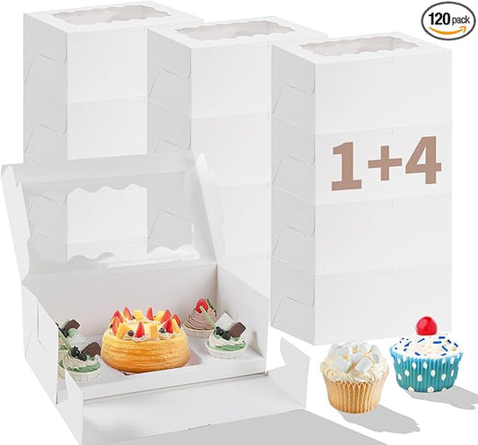 Bento Cake Box With Cupcakes, Clear Window 5 Holes Bento Combination,12 Sets: Cookie Boxes Fit 4 Regular Cupcake and Mini Cakes, Christmas Wedding Birthday Party (White/clear, 1+4/12pcs)