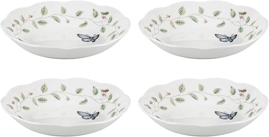 Lenox Pasta Bowls, 20oz Butterfly Meadow Pasta Bowl Set of 4, Service For 4, Porcelain, White Serving Bowls, Wide, Shallow, Lenox Butterfly Meadow Collection, Dishwasher/Microwave Safe (White 4-Piece)