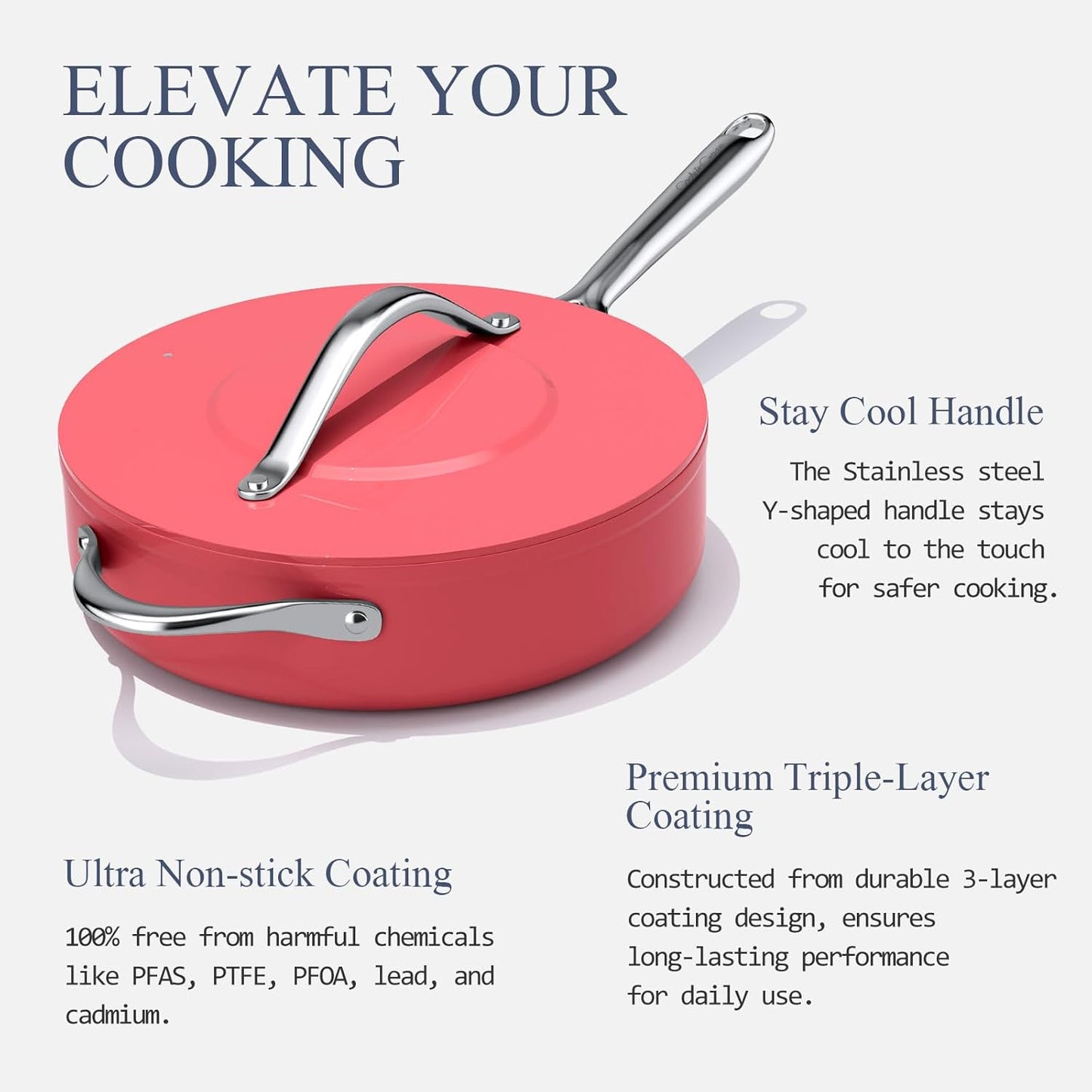 Nonstick Ceramic Sauté Pan with Lid (4.5 qt, 11"), Deep Frying Pan for All Cooktops - Non Toxic, PTFE/PFAS Free, Dishwasher & Oven Safe up to 500°F - with Stay Cool Handle - Fusion Red