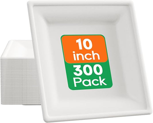 ECOLipak 10 Inch Square Paper Plates, 300 Pack Compostable Heavy Duty Biodegradable Paper Plates, Made from Sugarcane, Eco Friendly White Disposable Plates for Party, Dinner