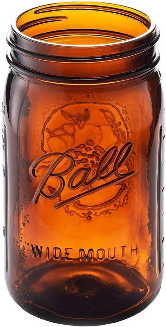 Ball Elite Collection Amber Glass Wide Mouth Mason Jar (32 oz/Quart) Amber Canning Jar - UV light Protection - Microwave & Dishwasher Safe, 1 Jar (No Lid or Band)